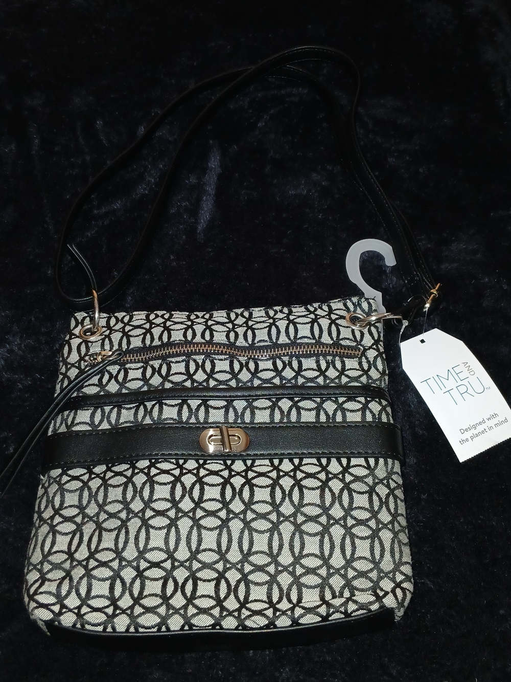 Time and Tru Black & Cream Geometric Crossbody Bag